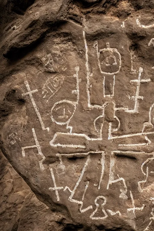 Image similar to 4 k photography of petroglyphs representing crosses, ufo, wifi symbol on a cave