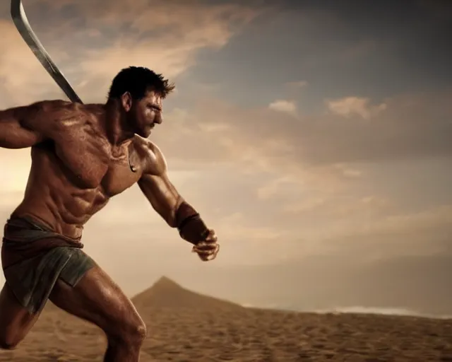 Prompt: single spartan running on australian beach, epic award winning action cinematic still from the movie 3 0 0, 8 k, global illumination, detailed face, muscles, rim highlights, hyper realistic