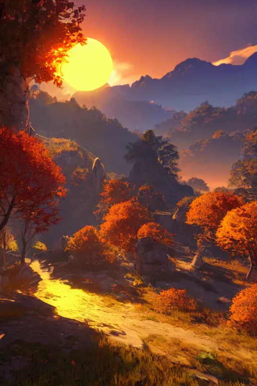 Prompt: fiery autumn twilight with the sun very close to the edge of the mountain, open - world aaa game, isekai fantasy light novel, screenshot