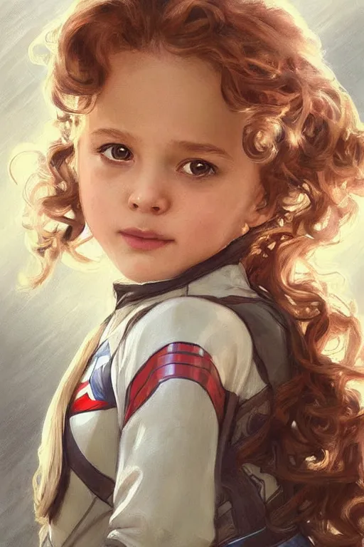 Image similar to a little girl with a michievous face and light brown curly wavy hair. she is dressed as captain america, spider - man, batman, captain marvel, a superhero. clean elegant painting, beautiful detailed face. by artgerm and greg rutkowski and alphonse mucha