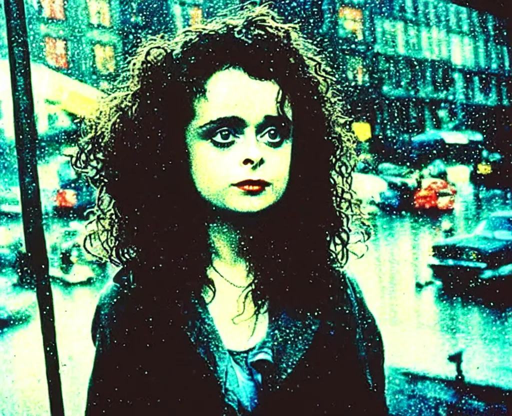 Image similar to closeup of young Helena Bonham Carter on the lower east side, Polaroid, raining!!!, nightime, colorful, 1970s, photorealistic, atmospheric,