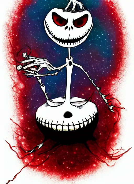 Image similar to jack skellington as a cosmic horror garfield with razor sharp teeth, red eyes, red teeth, digital art, lineart