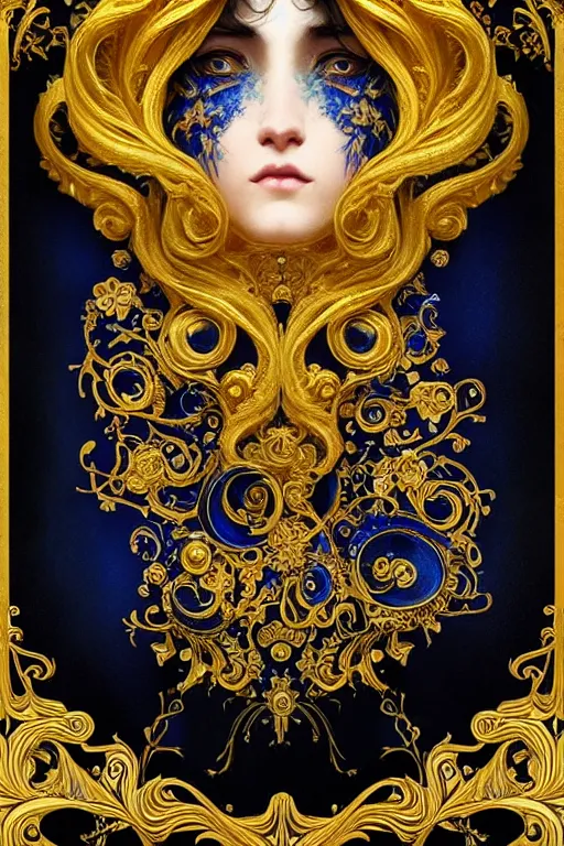 Image similar to beautiful black blue yellow, complicated gold and blue flowers in baroque style decoration, dark fantasy, intricate, elegant, highly detailed, digital painting, artstation, concept art, matte, 3 d 8 k octane rendered, sharp focus, illustration, octane rendered, art by artgerm and alphonse mucha, leesha hannigan