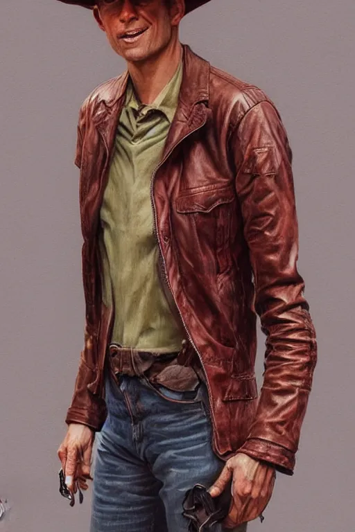 Prompt: character design, portrait of a gaunt 40's adventurer, unshaven, optimistic, stained dirty clothing, straw hat, riding boots, red t-shirt, dusty rown bomber leather jacket, concept art, photorealistic, hyperdetailed, 3d rendering! , art by Leyendecker! and frazetta,