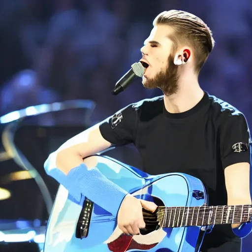 Image similar to david de gea singing pop playing the guitar, indoor