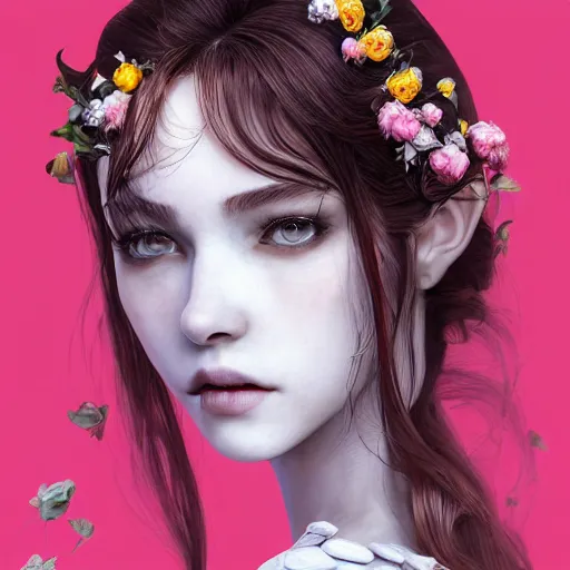 Image similar to the portrait of an absurdly beautiful, graceful, elegant, sophisticated, fashionable young woman made of strawberries and white petals with tears, an ultrafine hyperdetailed illustration by kim jung gi, irakli nadar, intricate linework, bright colors, octopath traveler, final fantasy, unreal engine 5 highly rendered, global illumination, radiant light, detailed and intricate environment