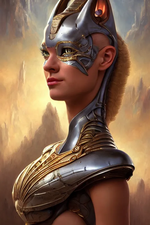 Image similar to portrait of a beautiful female hybrid cyborg atlantean anubis hada elsa jean alien warrior, regal, realistic, refined, detailed, digital art, jessica rossier, michael cheval, esao andrews, steampunk, walt disney ( 1 9 3 7 ), francois boucher, oil painting, highly detailed, cinematic lighting, unreal engine, 8 k, hd