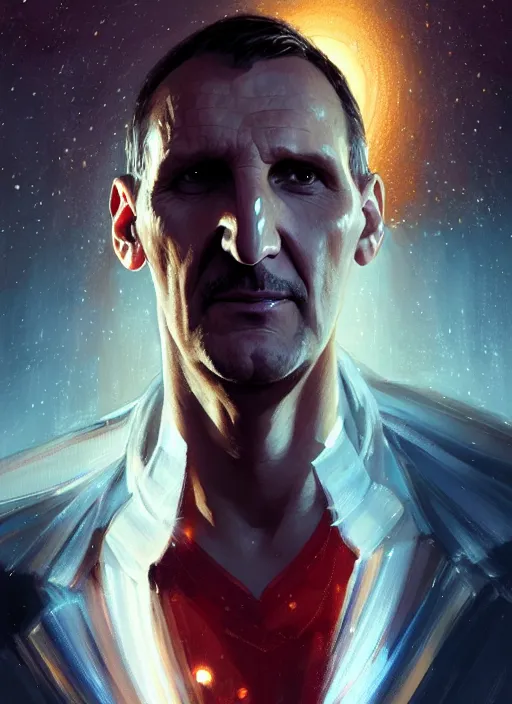 Image similar to portrait of christopher eccleston, intricate, elegant, glowing lights, highly detailed, digital painting, artstation, concept art, smooth, sharp focus, illustration, art by wlop, mars ravelo and greg rutkowski