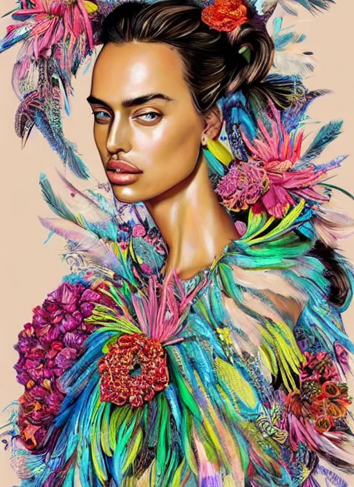 Image similar to beautiful portrait of Irina Shayk wearing fantastic Hand-dyed cotton dress,embellished beaded feather decorative fringe knots ,colorful pigtail,subtropical flowers and plants,symmetrical face,intricate,elegant,highly detailed,8k,digital painting,trending on pinterest,GUCCI,PRADA,harper's bazaar,concept art, sharp focus, illustration,by artgerm,Tom Bagshaw,Lawrence Alma-Tadema,greg rutkowski