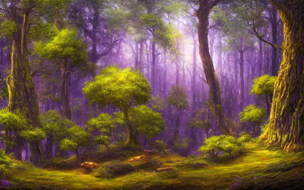 Prompt: A professional digital landscape painting of The Feywild forests overlooking a mansion, painted by Terese Nielsen, 4k, digital art, highly detailed, upper body shot, shallow depth of field, purple and yellow lighting, professional lighting, airbrush