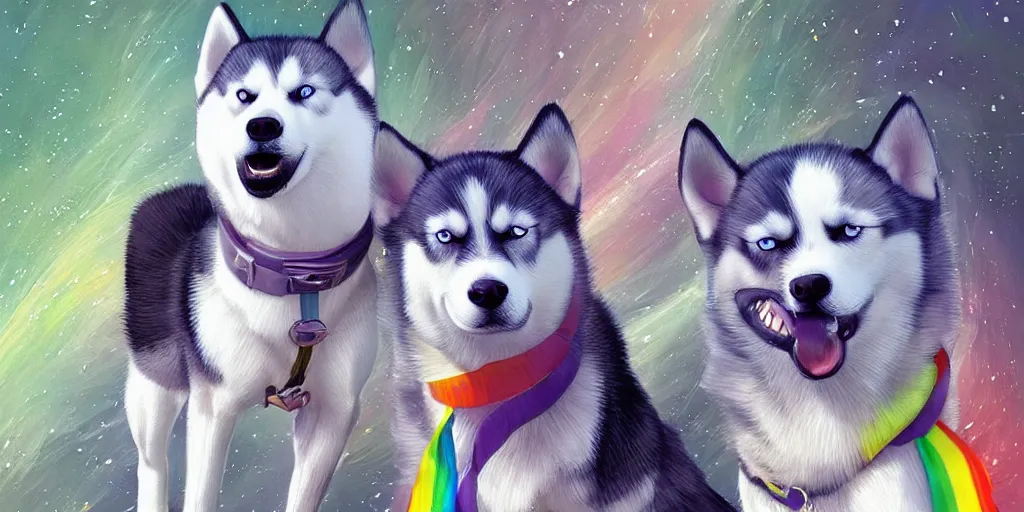 Prompt: a husky and a sheeo dog and a chihuahua and mutt dog all running happily towards their owners at the rainbow bridge, tall golden heavenly gates, two cats sitting patiently, amazing, stunning artwork, featured on artstation, cgosciety, behance
