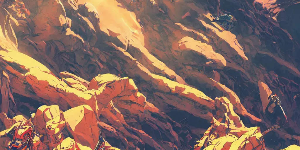 Image similar to an alien hostile volcanic canyon landscape, dynamic shadows, dynamic lighting, ilya kuvshinov, kyoani, hiroaki samura, yoshinari yoh, james jean, katsuhiro otomo, erik jones, cel shaded, anime poster