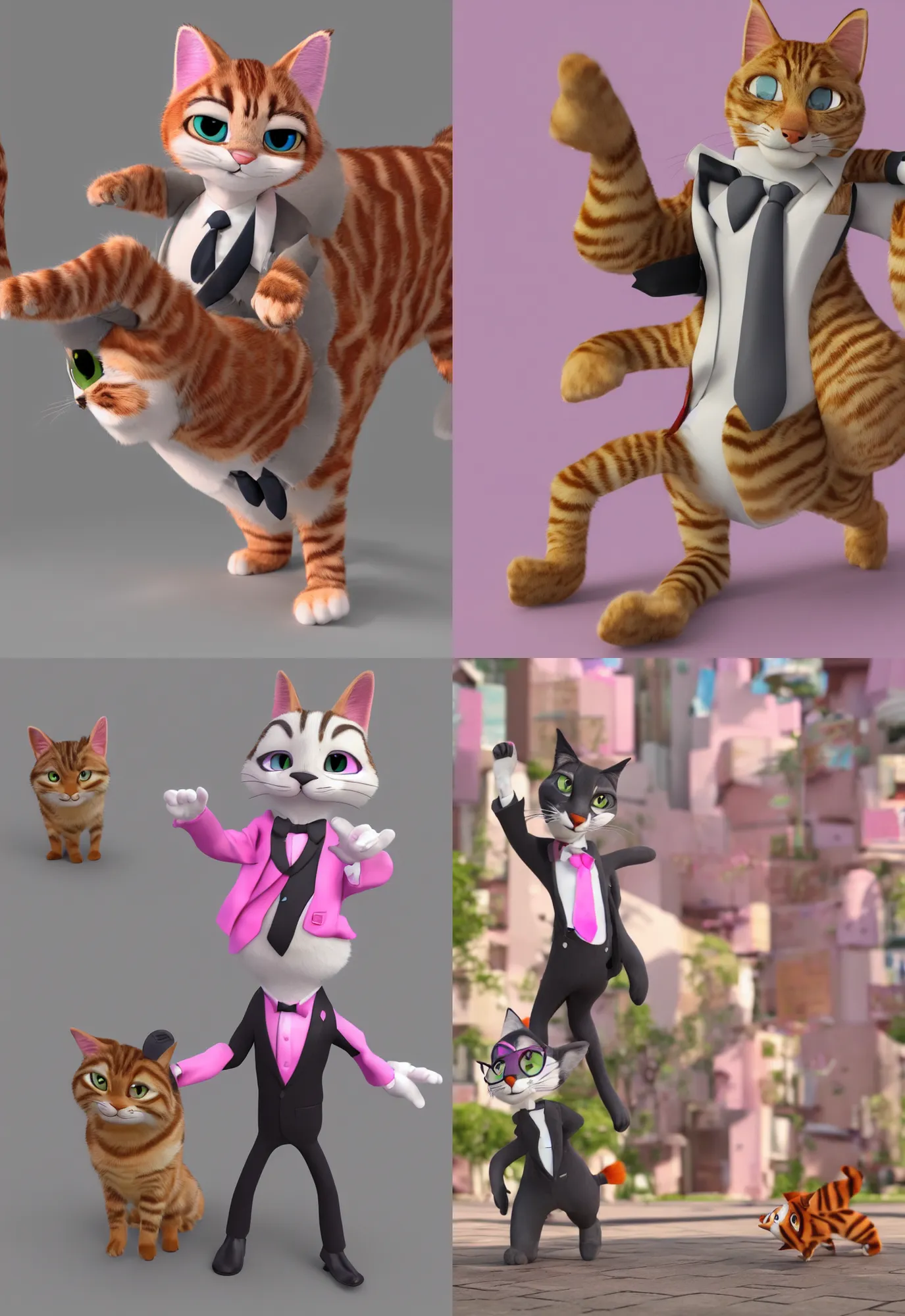 Image similar to 3d render , anthropomorphic male tabby cat,wearing a pink tux ,style of Zootopia, 8K HD Resolution, High quality image