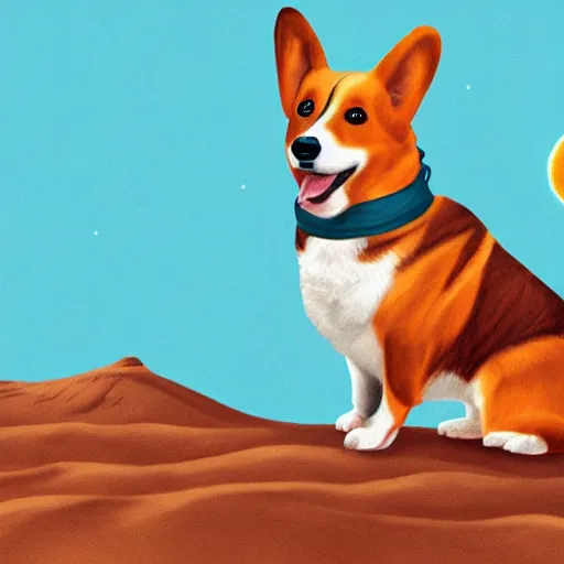 Image similar to a corgi on mars, detailed digital illustration, hyperrealistic