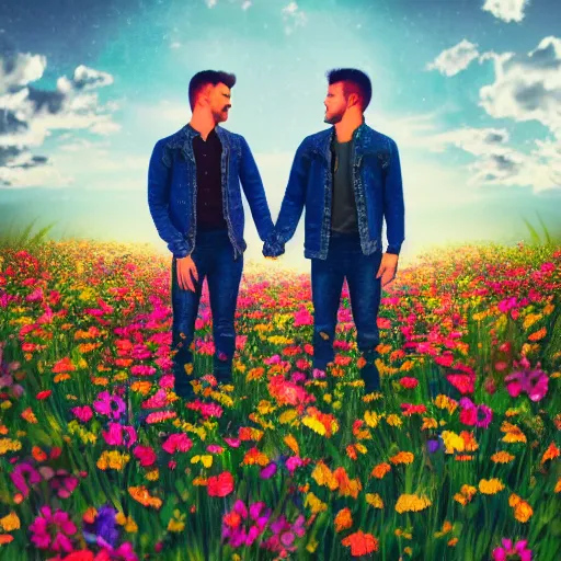 Image similar to a gay couple holding hands in a field of flowers at sunset, realistic, intricate, 4k