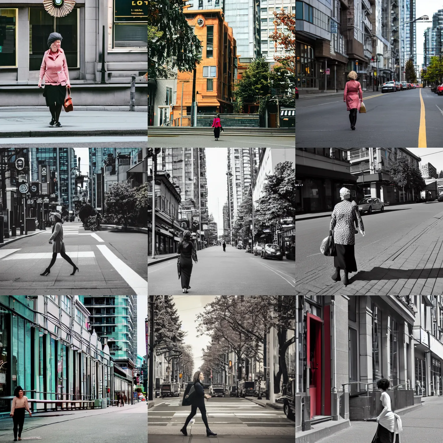 Prompt: woman walking on a street in the city of vancouver in the city of art deco