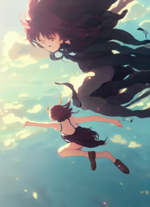 Image similar to girl flying towards a deep abyss in the air, illustration concept art anime key visual trending pixiv fanbox by wlop and greg rutkowski and makoto shinkai and studio ghibli