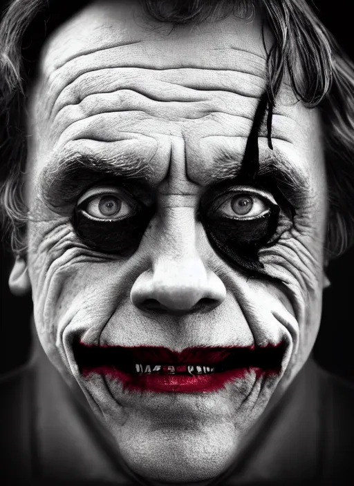 Image similar to photo of Mark Hamill as the Joker by Lee Jeffries, horror, big smile, detailed, award winning, Sony a7R, trending on artstation