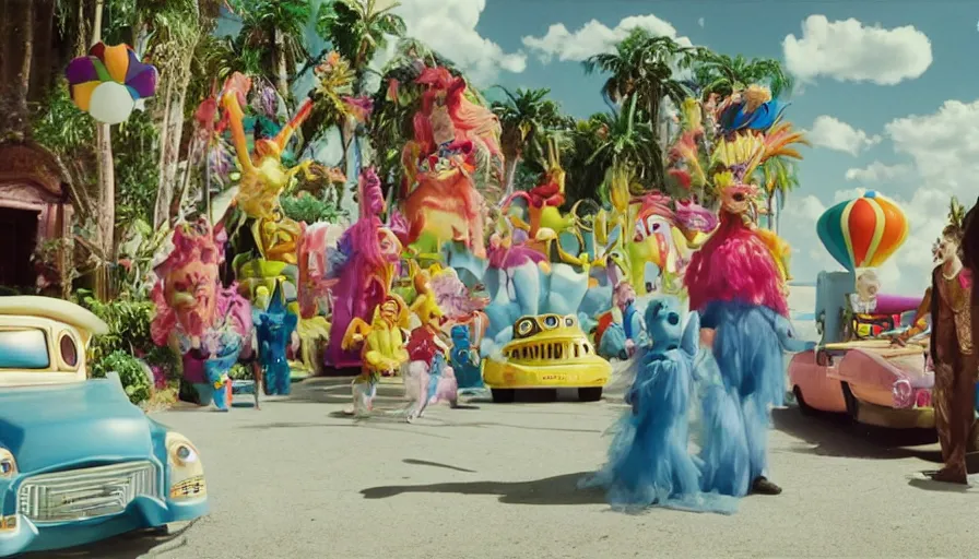 Prompt: movie still by alejandro jodorowsky of a beautiful day in a family living room in suburban florida usa, visible magic energy, dream creature costumes, floating cars, tropical fish, happy parade floats, cinestill 8 0 0 t eastmancolor technicolor, high quality, very detailed, heavy grain, fine facial features, 8 k, octane render