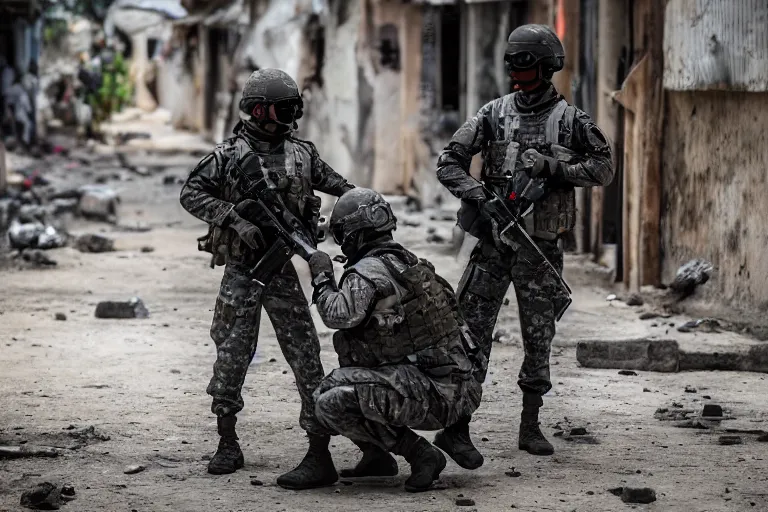 Image similar to Mercenary Special Forces soldiers in grey uniforms with black armored vest and black helmets in urban warfare in Cambodia 2022, Canon EOS R3, f/1.4, ISO 200, 1/160s, 8K, RAW, unedited, symmetrical balance, in-frame, combat photography