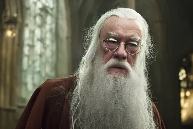 Prompt: film still of Ian McKellan as Albus Dumbledore in Harry Potter