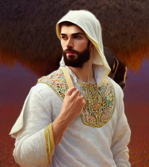 Image similar to portrait of young man next to a white horse, wearing an embroidered tunic, intricate, highly detailed, book cover artwork, digital painting, artstation, concept art, smooth, sharp focus, illustration, art by wlop, mucha, artgerm, and greg rutkowski