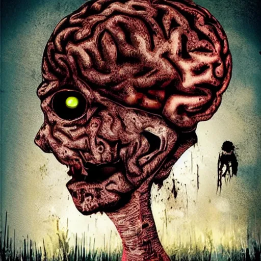 Prompt: poster for a horror movie about brain eating zombies.