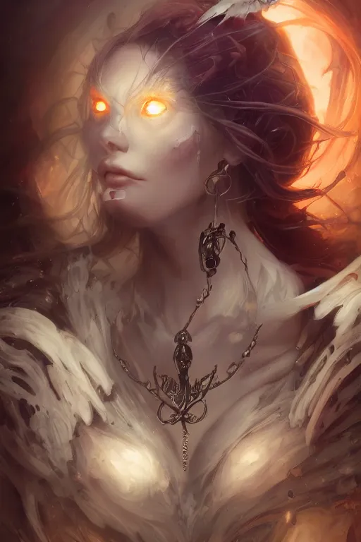 Image similar to face closeup beautiful girl necromancer covered with sculls, wizard of the coast casting magic spell, angel, magic storm and thunder clouds, fantasy, magic the gathering, hyper detailed, 3 d render, hyper realistic detailed portrait, peter mohrbacher