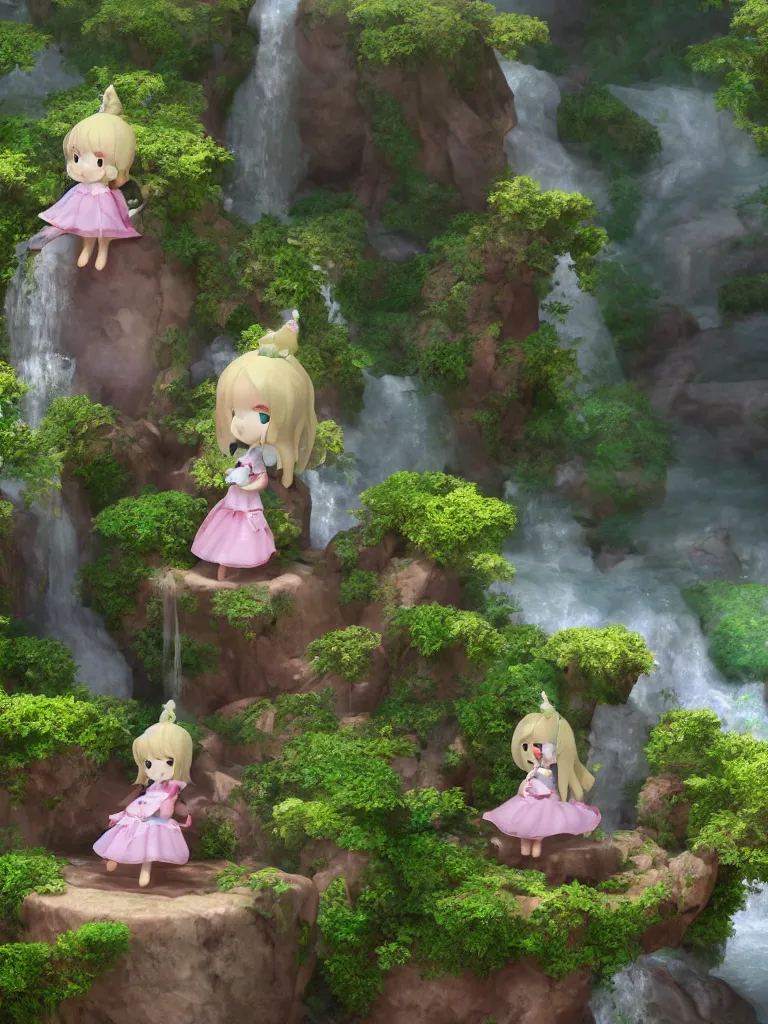 Image similar to cute fumo plush of a princess girl in a tower on a tiny island with a long flowing waterfall, floating island, vignette, vray