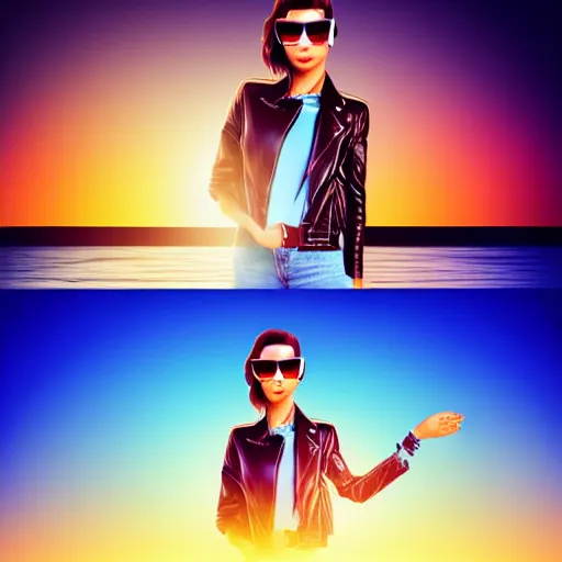 Image similar to a woman with light blue shutter shades in front of a sunset, a dark brown leather jacket, one side brown haircut with blue ends, vector art by jan tengnagel, pixabay contest winner, retrofuturism, retrowave, synthwave, outrun, portrait, synthwave