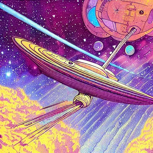 Prompt: a spaceship in deep space, psychedelic nebulae and galaxies, by moebius