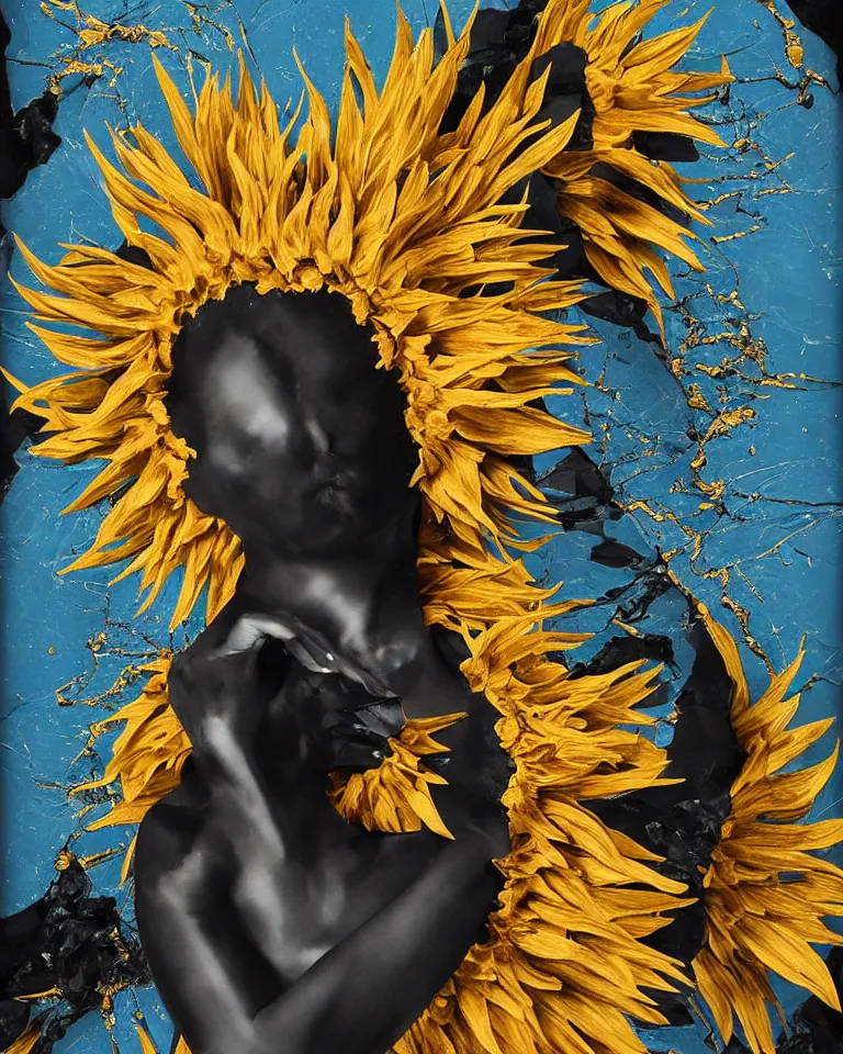 Image similar to symmetrical painting of a fractured black obsidian greek woman statue of a topaz spikes sunflowers lightblue drip acrylic paint fixed with kintsugi, rendered in octane trending on cgsociety. extremely detailed and intricate art