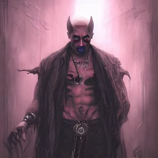 Prompt: 2 pac as a vampire, darkwave, darksynth, concept headshot art, sharp, digital matte painting, art by luis royo, greg rutkowski, wlop, dramatic lighting, trending on artstation