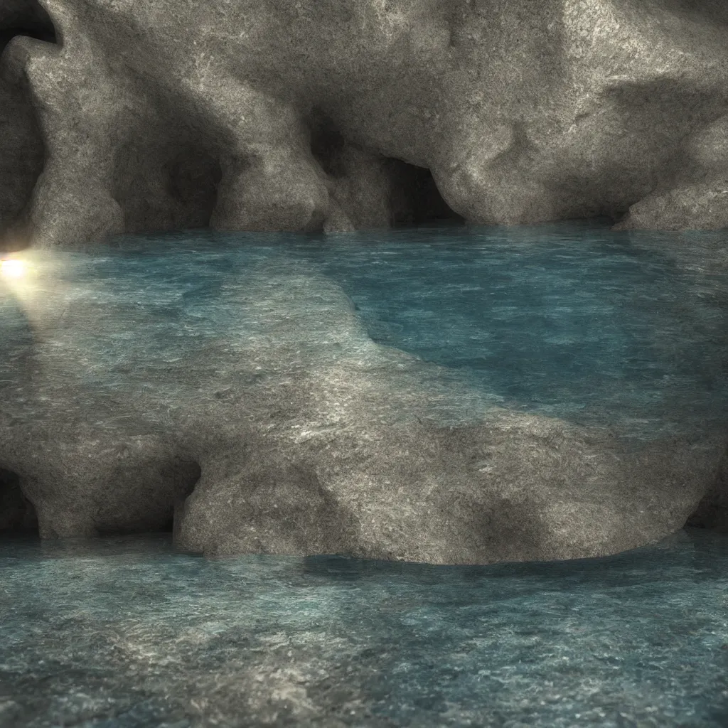 Image similar to greek island cave water reflecting on the stone, caustics, light, octane render, blender, c 4 d, maya