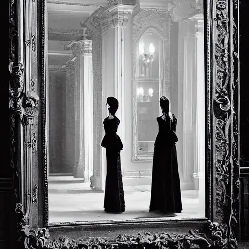 Prompt: a beautiful victorian woman is frightened by her doppleganger in a mirror. she is in a long hallway of mirrors. victorian interior, with many mirrors, twins, elegant design, haunting atmosphere, dark lighting, gothic, horror style, scary, swirling fog, volumetric lighting, by greg rutkowski, realistic, dutch angle, zombies