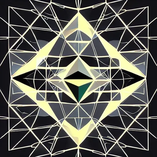 Image similar to a picture of a bunch of triangles on a black background, an album cover by wolfgang zelmer, behance contest winner, crystal cubism, tesseract, holographic, psychedelic