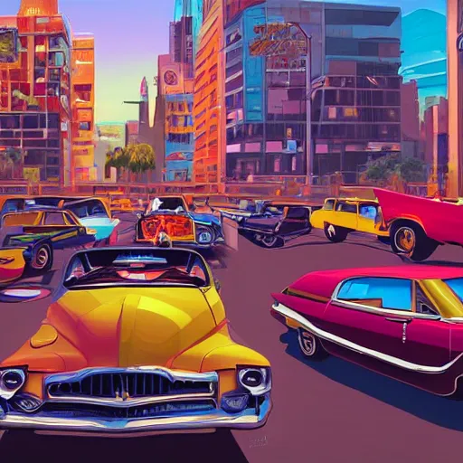 Image similar to swagger! lowrider culture, living large in the city by tyler edlin, new york 1 9 7 0, editorial, bold colors, detailed, bold colors, incredible lighting, great composition, artstation