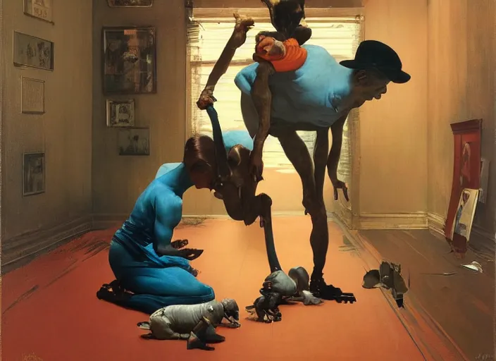 Image similar to a still from the movie million dollar baby nest by francis bacon and norman rockwell and james jean, and mark brooks, triadic color scheme, by greg rutkowski, syd mead and edward hopper and norman rockwell and beksinski, dark surrealism, orange and turquoise