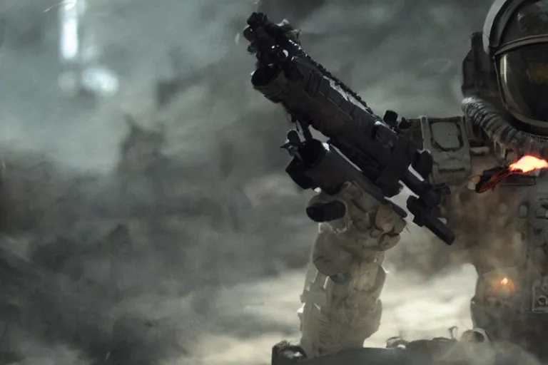 Image similar to VFX movie of a futuristic spacemarine in war zone, shooting gun natural lighting by Emmanuel Lubezki