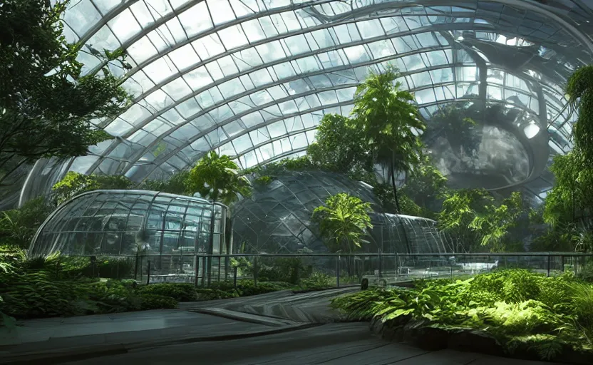 Prompt: a beautiful and stunning professional digital artwork of a futuristic biodome, volumetric lighting, hyperrealistic, unreal engine 5, ultra detail