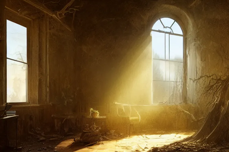 Image similar to the interior of an old abandoned house, an old oak tree grows inside the house, golden rays of sunlight enter through the window, digital art, trending on artstation, matte painting, concept art, drawn by greg rutkowski, inspired by johannes vermeer, cold colors