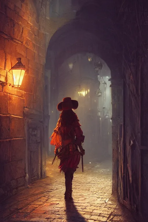 Prompt: A girl with big hat sneaking through the streets of a medieval village at night, glowing lights, oil painting, Greg Rutkowski, Charlie Bowater, unreal 5, DAZ, hyperrealistic, octane render, RPG portrait, dynamic lighting, fantasy art, beautiful face
