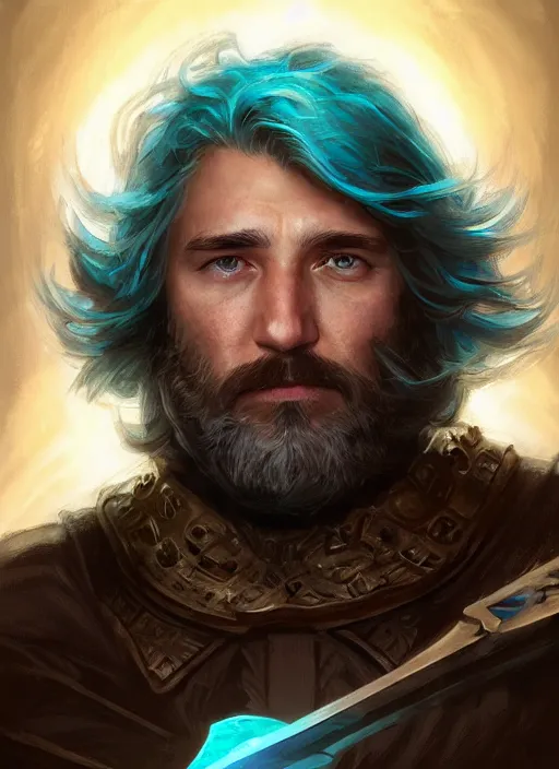 Prompt: Middle-aged paladin with a glowing teal halberd, Glowing white eyes, shaggy hair, sad, scruffy beard, dungeons and dragons portrait, highly detailed, digital painting, artstation, concept art, sharp focus, illustration, art by artgerm and greg rutkowski and alphonse mucha, Unreal Engine, 8k, HD