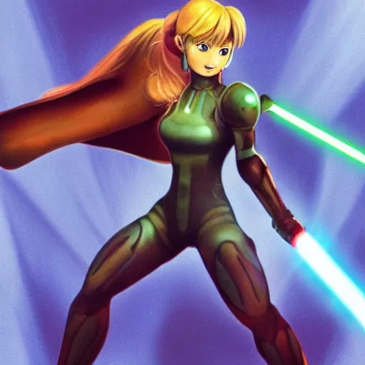 Image similar to samus holding a jedi sword