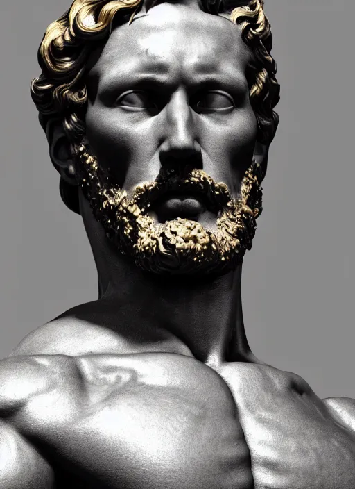 Image similar to a bloody statue made of white marble of hercules, perfect symmetrical body, perfect symmetrical face, hyper realistic, hyper detailed, by johannen voss, by michelangelo, octane render, blender, 8 k, stylized gold and black