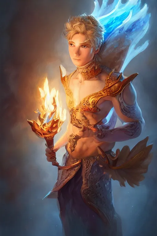 Image similar to legendary fairy prince hold flame staff, blue energy, highly detailed, d & d, fantasy, highly detailed, digital painting, trending on artstation, concept art, sharp focus, illustration, global illumination, ray tracing, realistic shaded, art by artgerm and greg rutkowski and fuji choko and viktoria gavrilenko and hoang lap