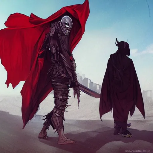 Prompt: view from the back shadow warrior holding twin swords, male villian, full body worn out torn cape, red hoodie, worn out clothes, floating spiral sand, desert, full body shot, anime style, 90's modern art, art by artgerm and greg rutkowski and alphonse mucha