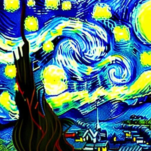 Image similar to starry night but as a badly edited image in photoshop