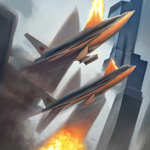 Image similar to paper airplane striking the twin towers on 9 / 1 1, highly detailed, headshot, digital painting, trending on artstation, concept art, sharp focus, illustration, art by artgerm and greg rutkowski and magali villeneuve