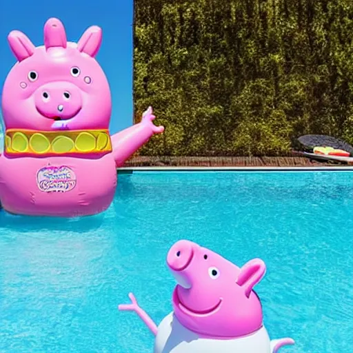 Prompt: an inflatable float of Peppa Pig in the centre of a luxury hotel swimming pool